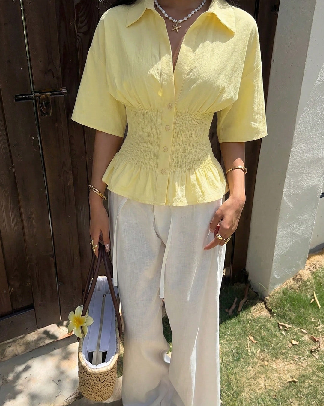 Collared Neck Smocked Waist Flared Hem Top in Butter Yellow