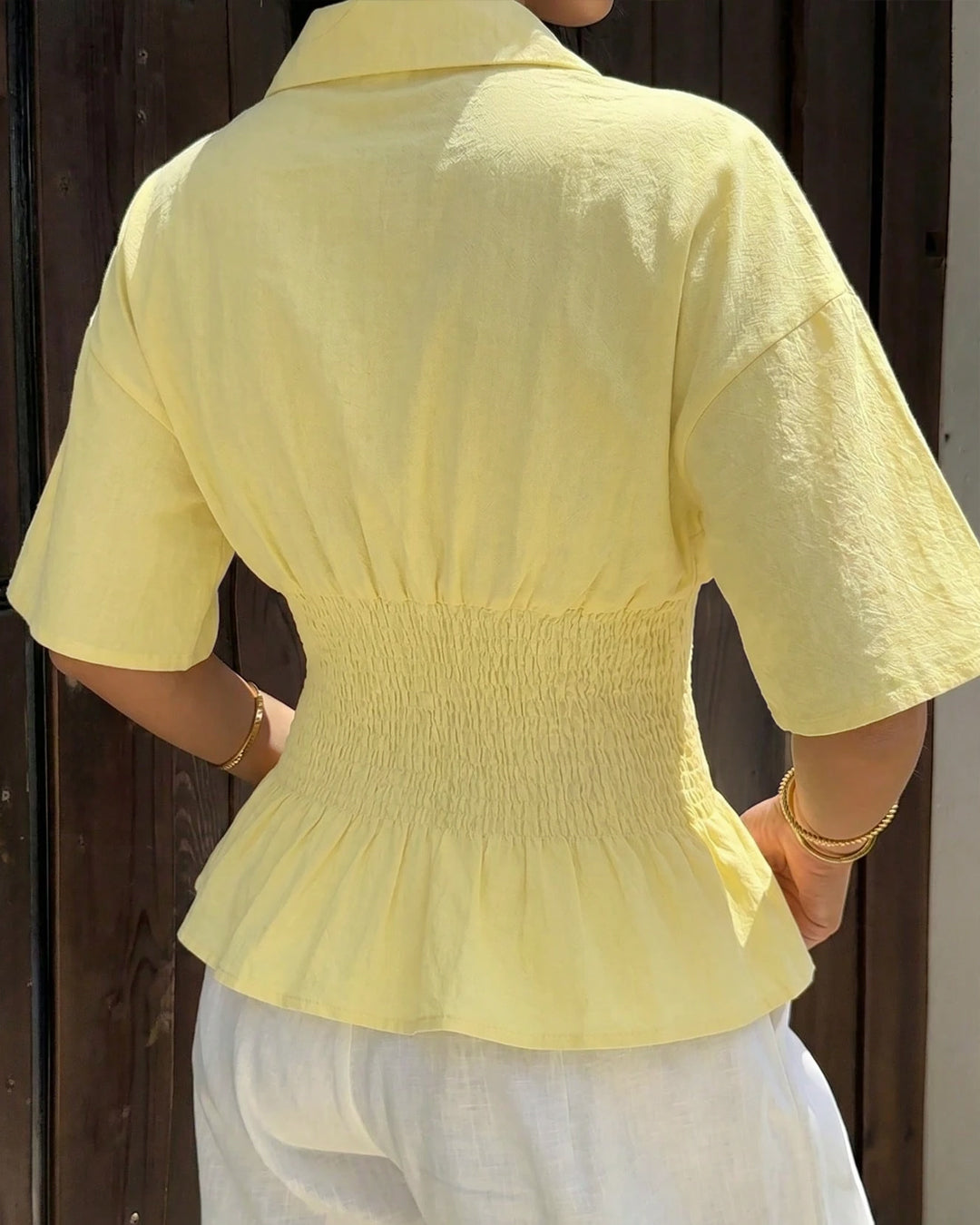 Collared Neck Smocked Waist Flared Hem Top in Butter Yellow