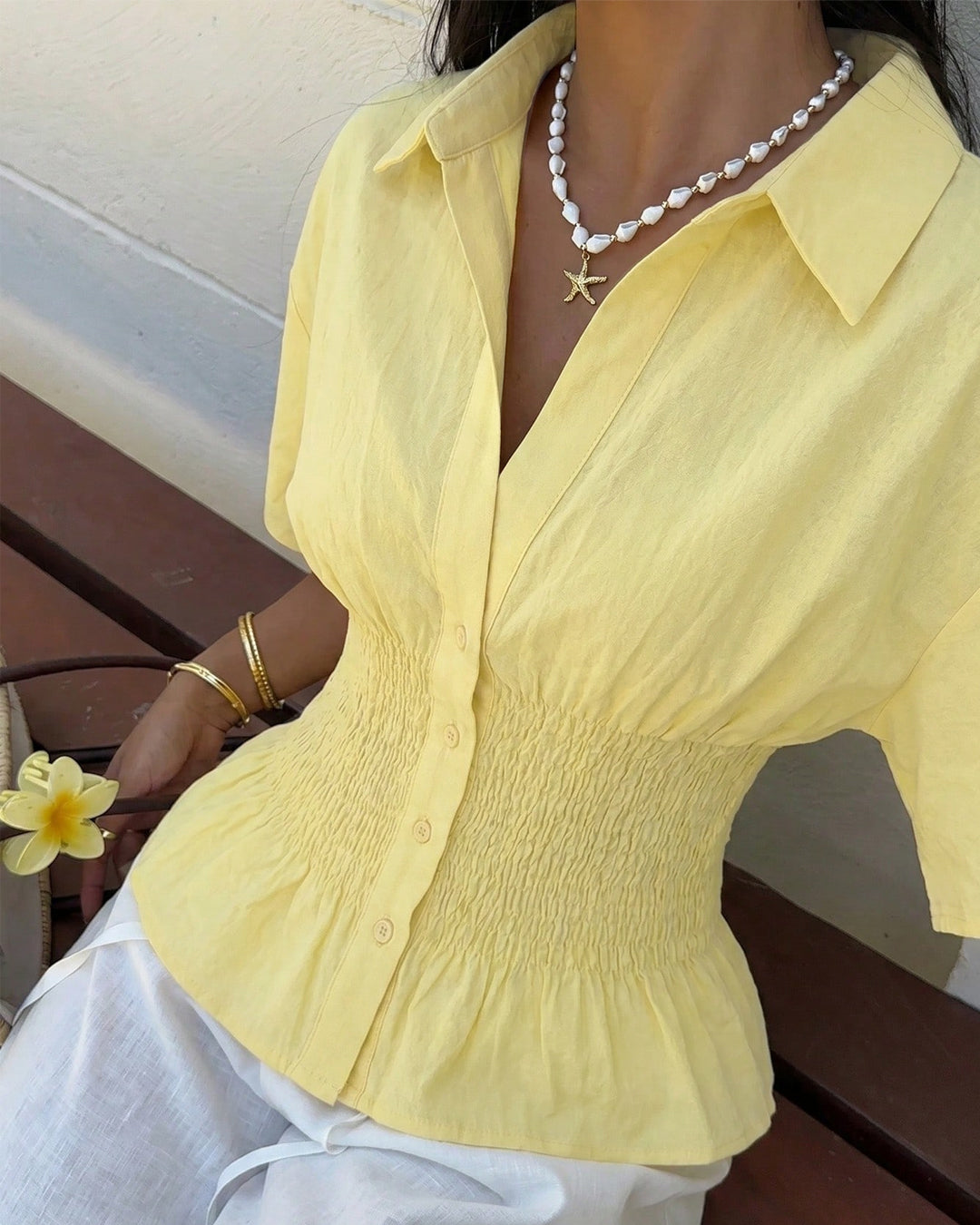 Collared Neck Smocked Waist Flared Hem Top in Butter Yellow