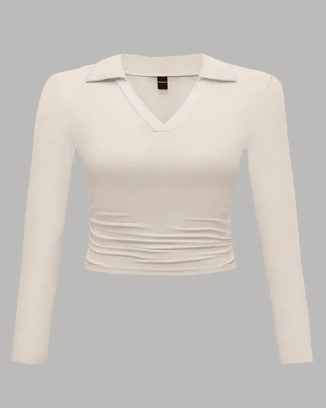 Collared V-Neck Full Sleeve Top in Apricot Curve & Plus