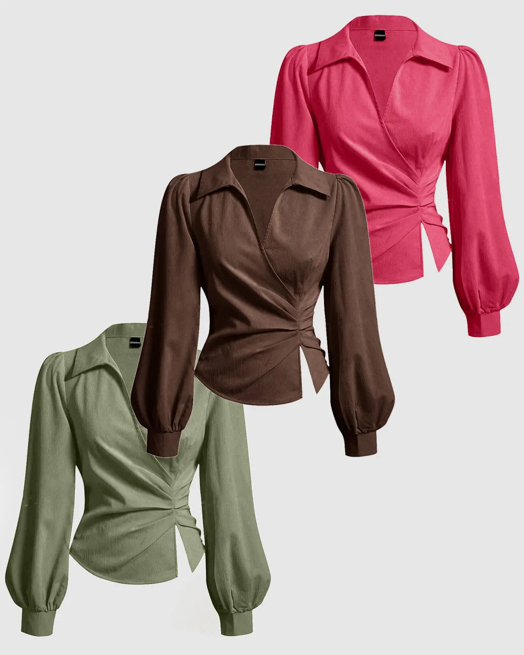 Combo : V Neck Top Wrap Front With Lantern Sleeve in Herbal Green, Chocolate Brown and Hot Pink