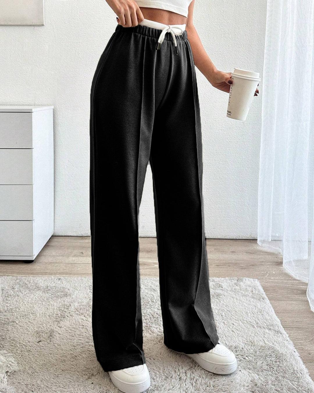 Contrast Drawstring Waist Pants In Black