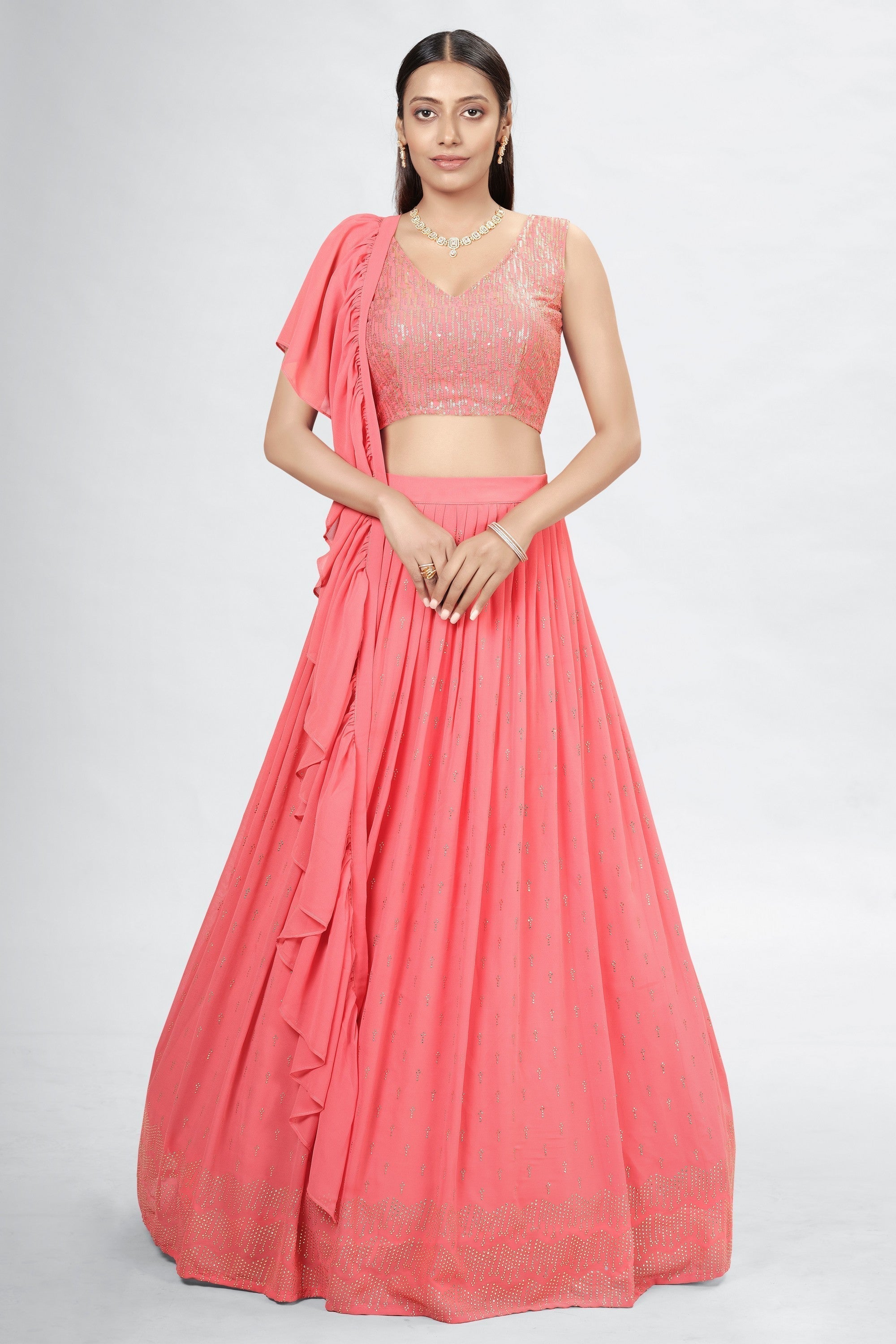 Coral Indian Georgette Lehenga Choli With Ruffle Dupatta For Indian Festival & Weddings - Sequence Embroidery Work, Mukaish Work
