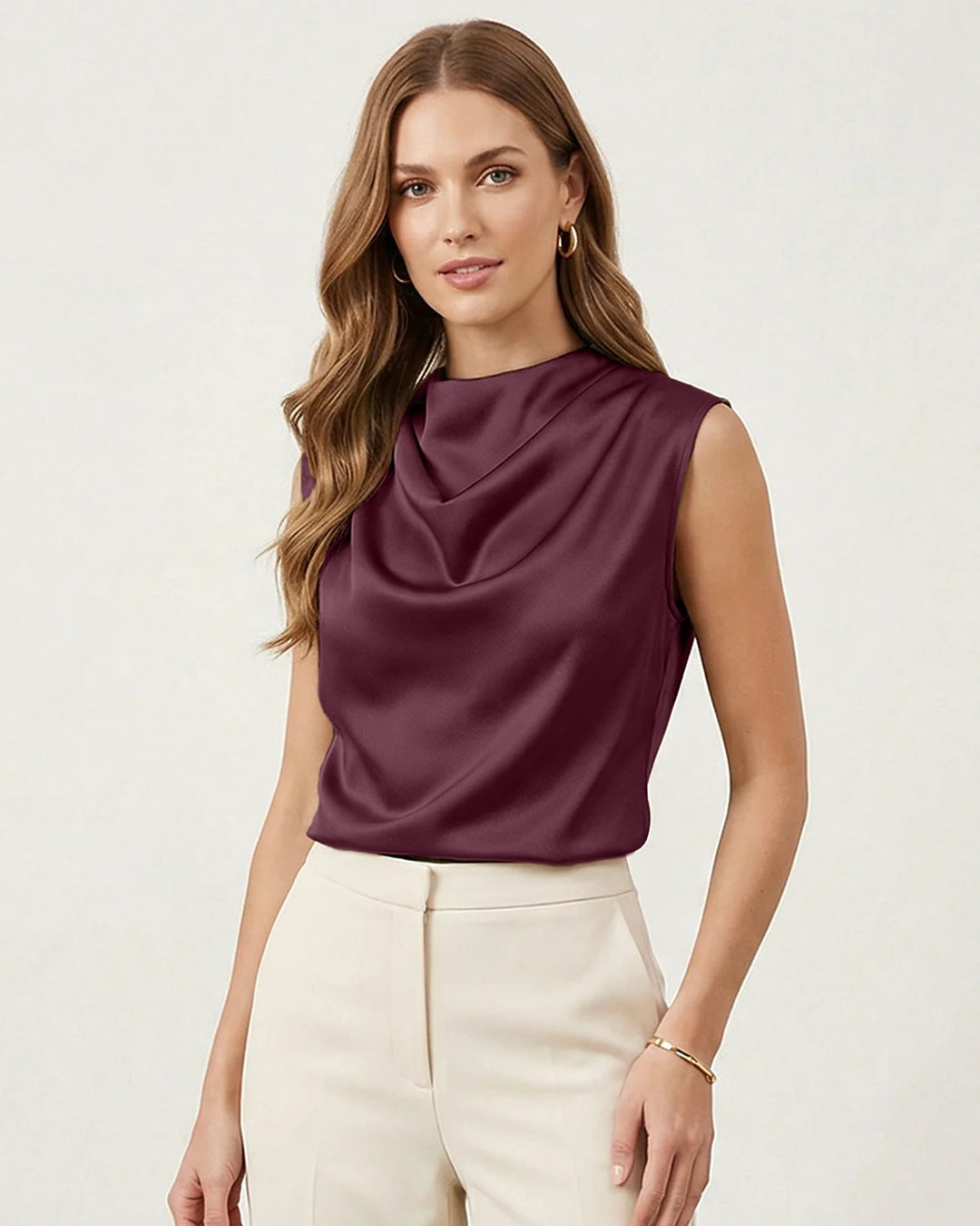 Cowl-Neck Sleeveless Top in Maroon