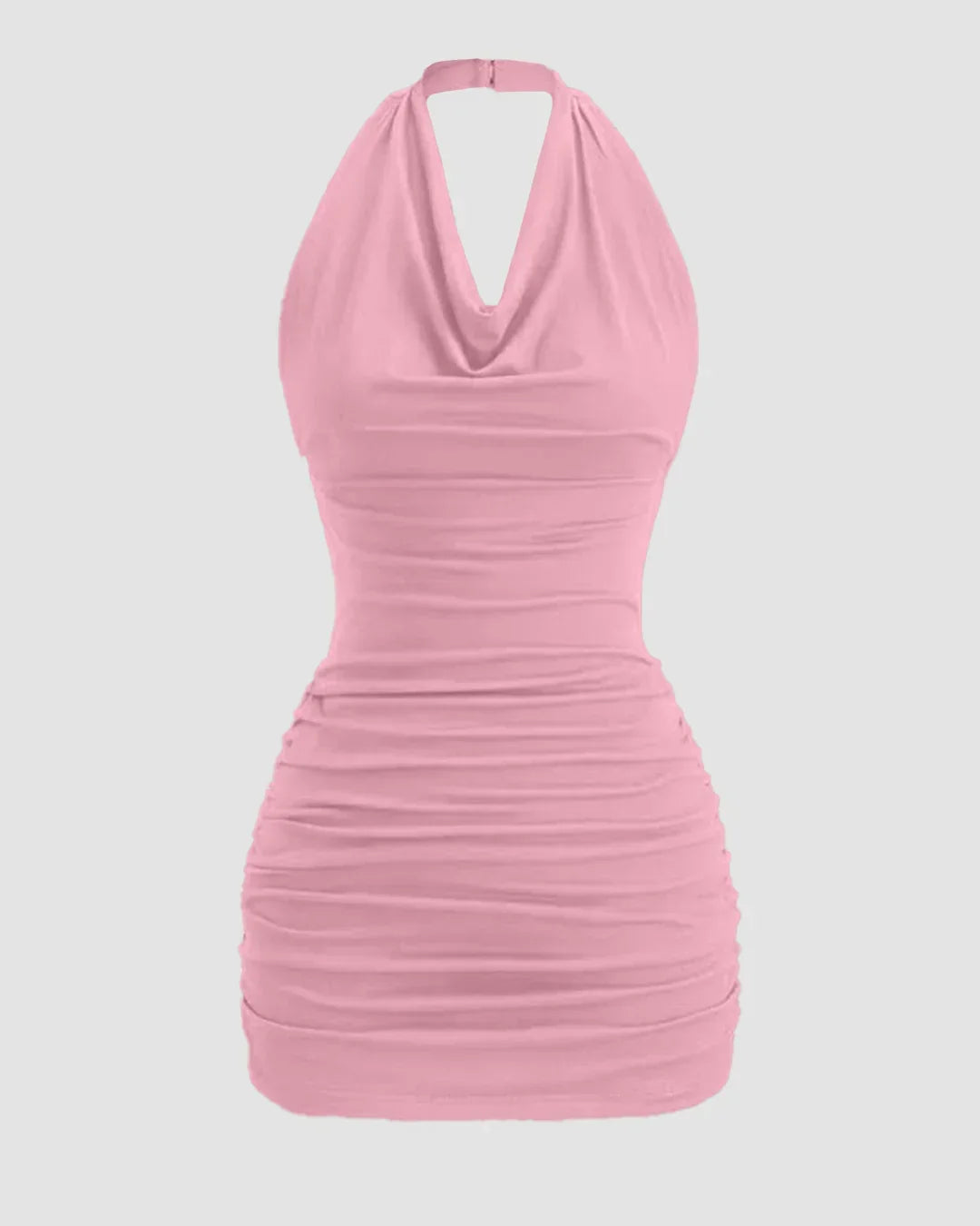 Cowl Neck Backless Tie Strap Sleeveless Sexy Bodycon Mini Dress in Rose Pink