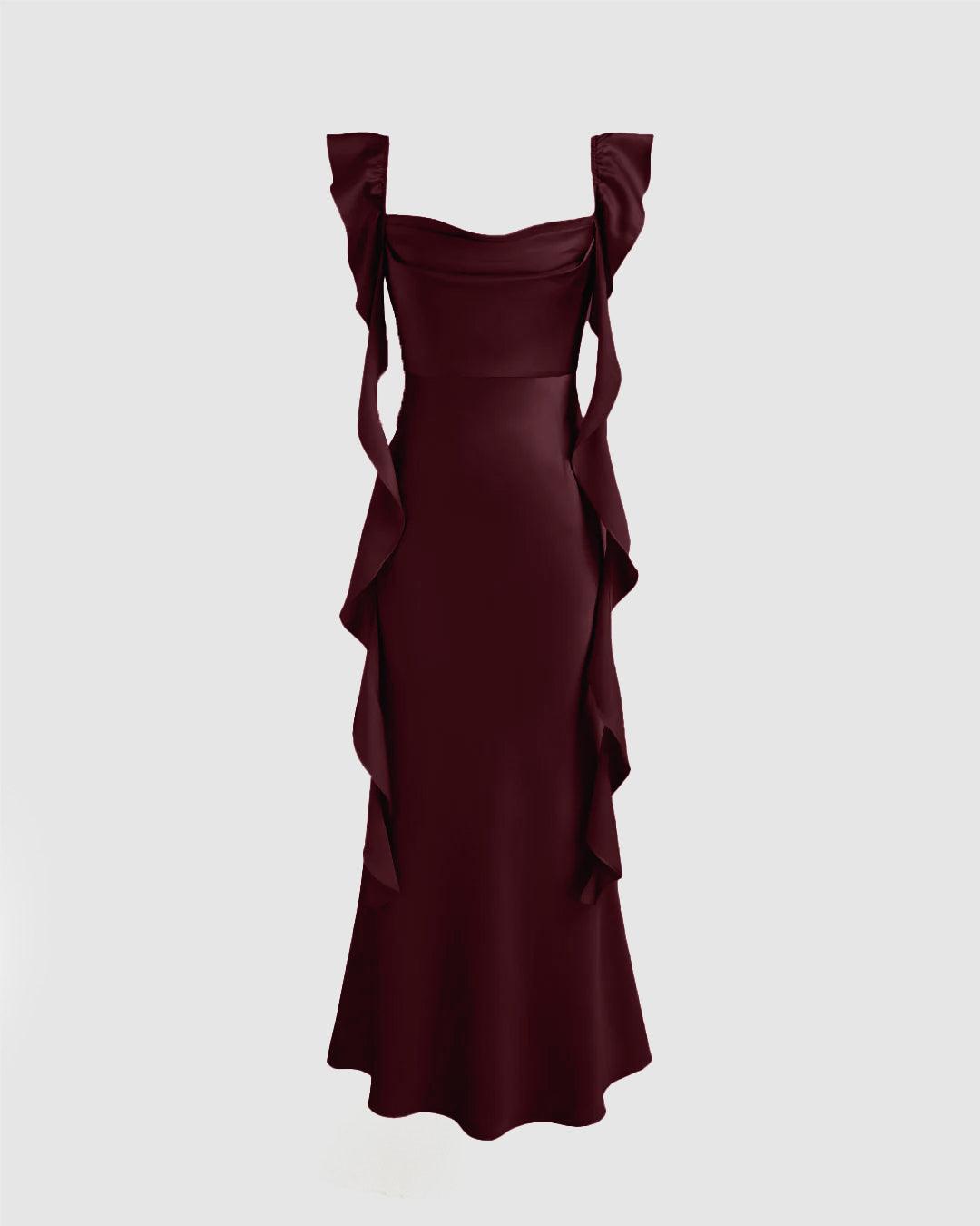 Cowl Neck Ruffle Maxi Dress In Wine