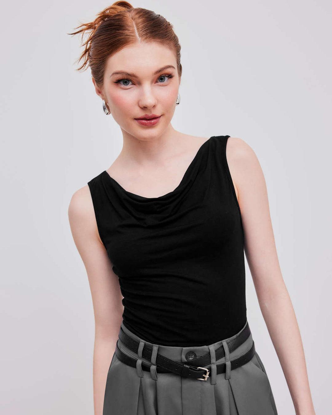 Cowl Neck Sleeveless Black Cami Top