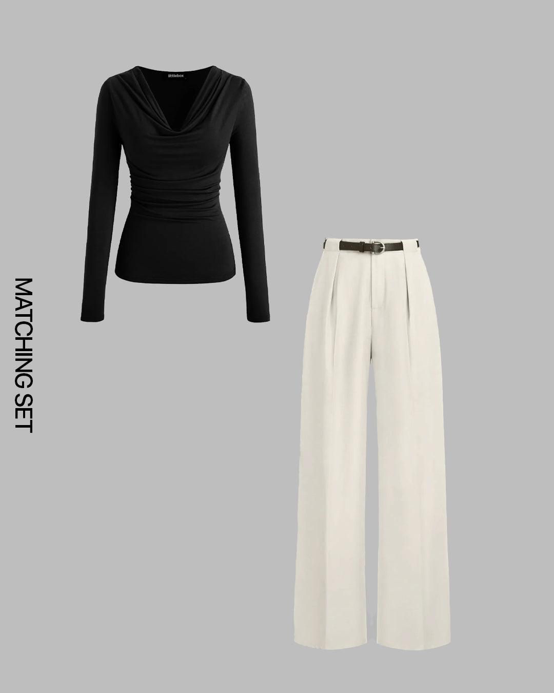 Cowl Neck Solid Ruched Long Sleeve Black Top & Pleated High Waisted Wide Leg White Trousers Set