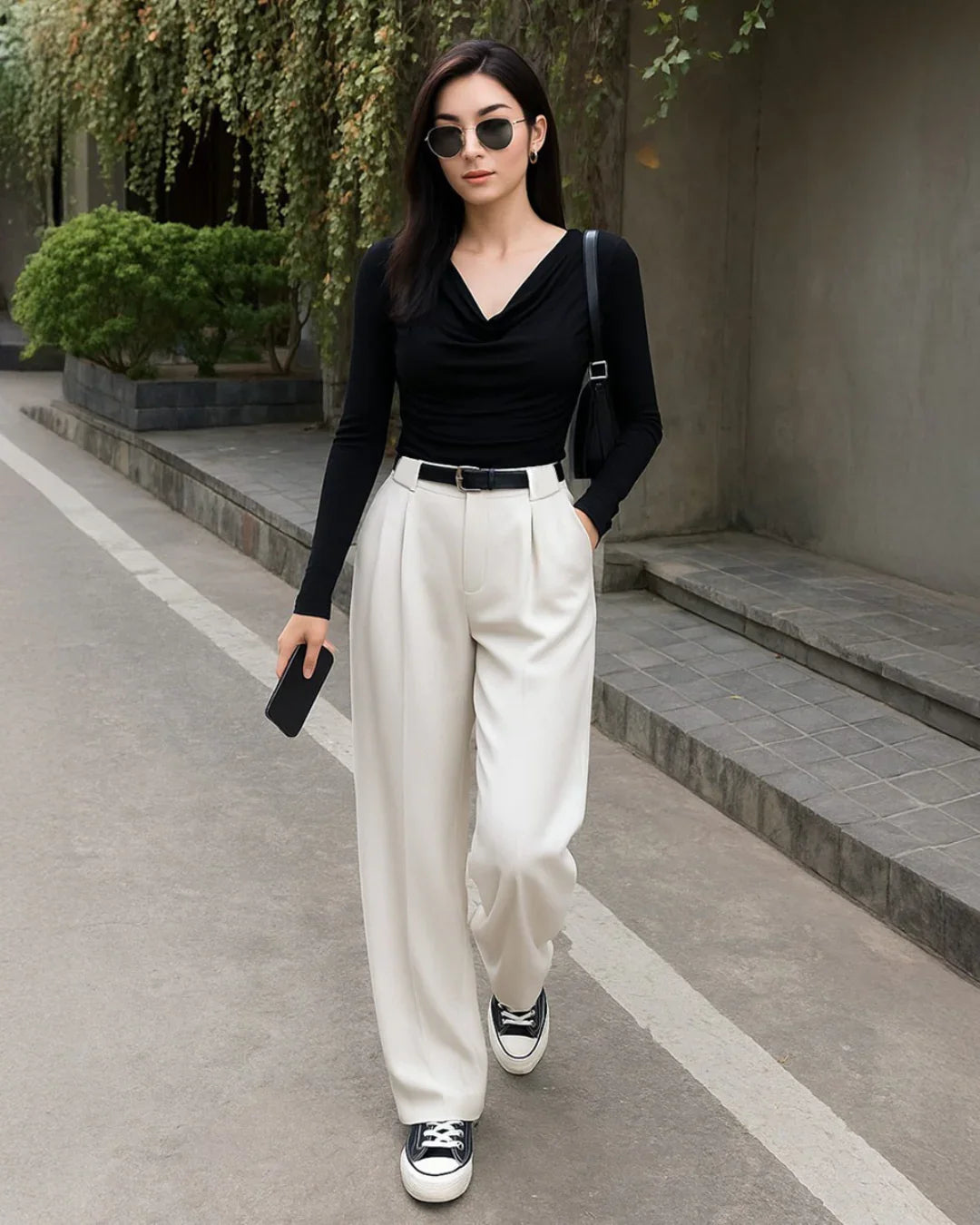 Cowl Neck Solid Ruched Long Sleeve Black Top & Pleated High Waisted Wide Leg White Trousers Set