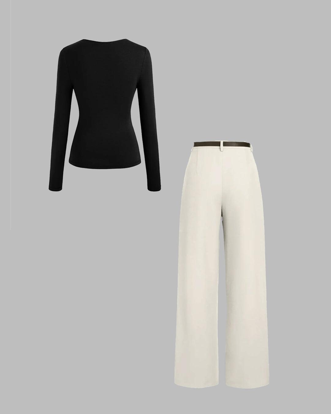 Cowl Neck Solid Ruched Long Sleeve Black Top & Pleated High Waisted Wide Leg White Trousers Set