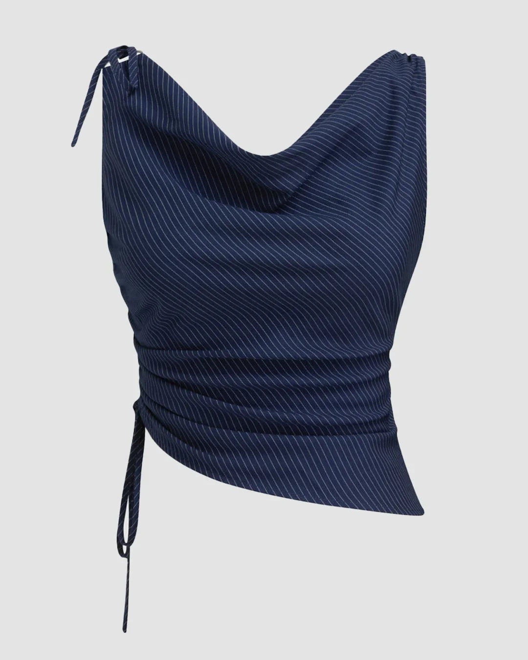 Cowl Neck Stripe Drawstring Asymmetrical Top in Midnight Navy Blue
