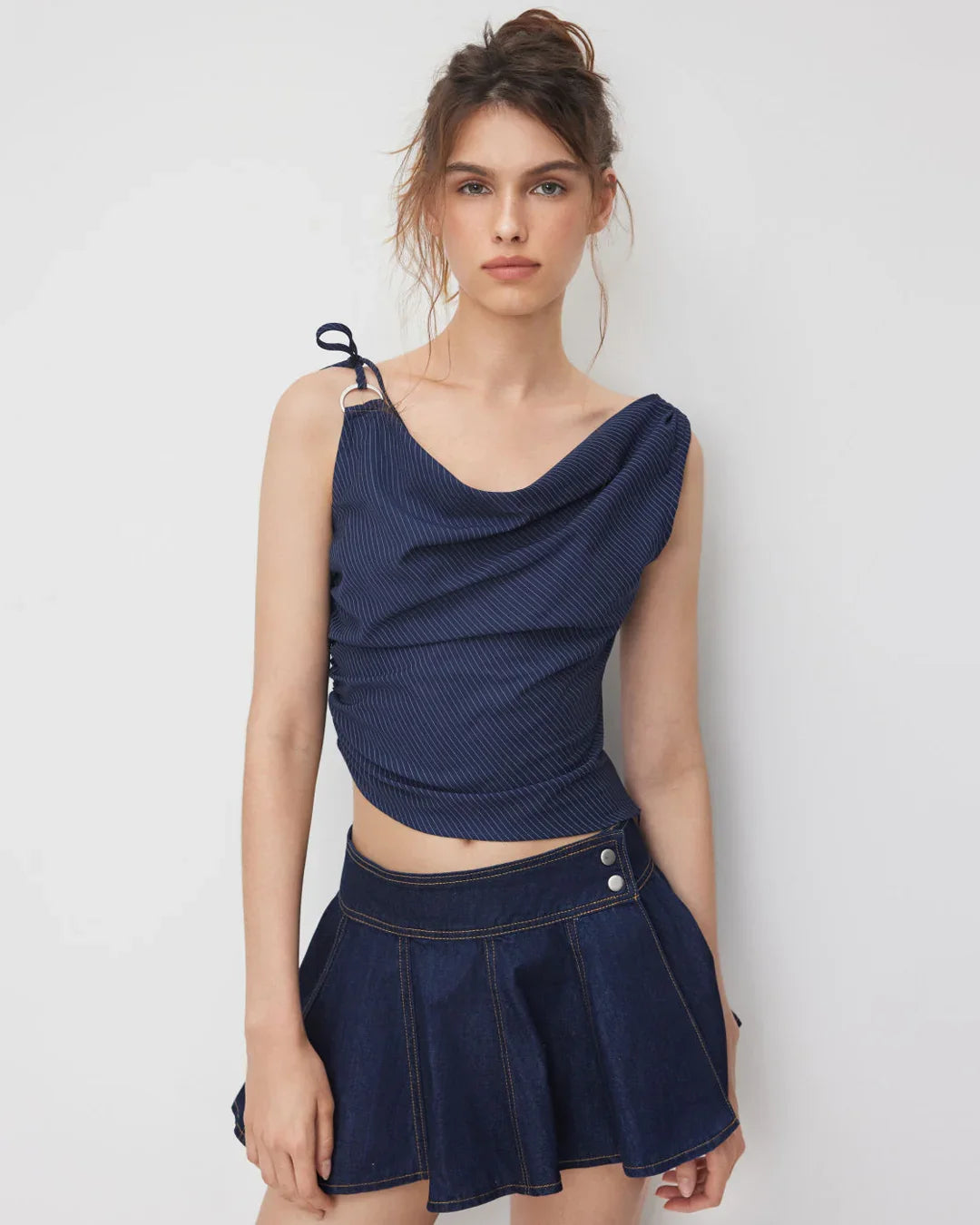 Cowl Neck Stripe Drawstring Asymmetrical Top in Midnight Navy Blue