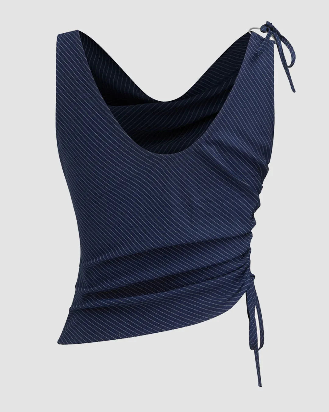 Cowl Neck Stripe Drawstring Asymmetrical Top in Midnight Navy Blue