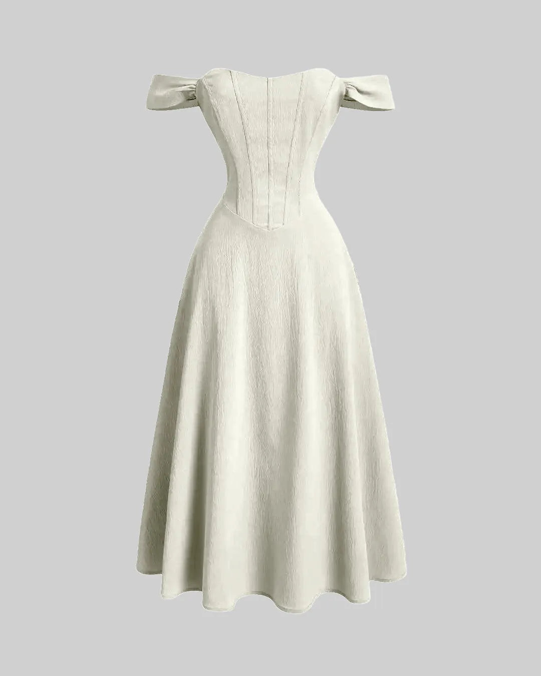 Off White Faux Fishbone Design Romantic Off-Shoulder Dress