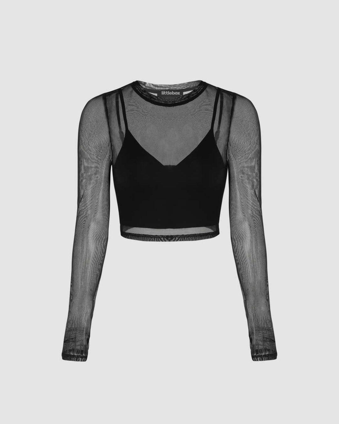 Crew Neck Mesh Long Sleeve Black Top