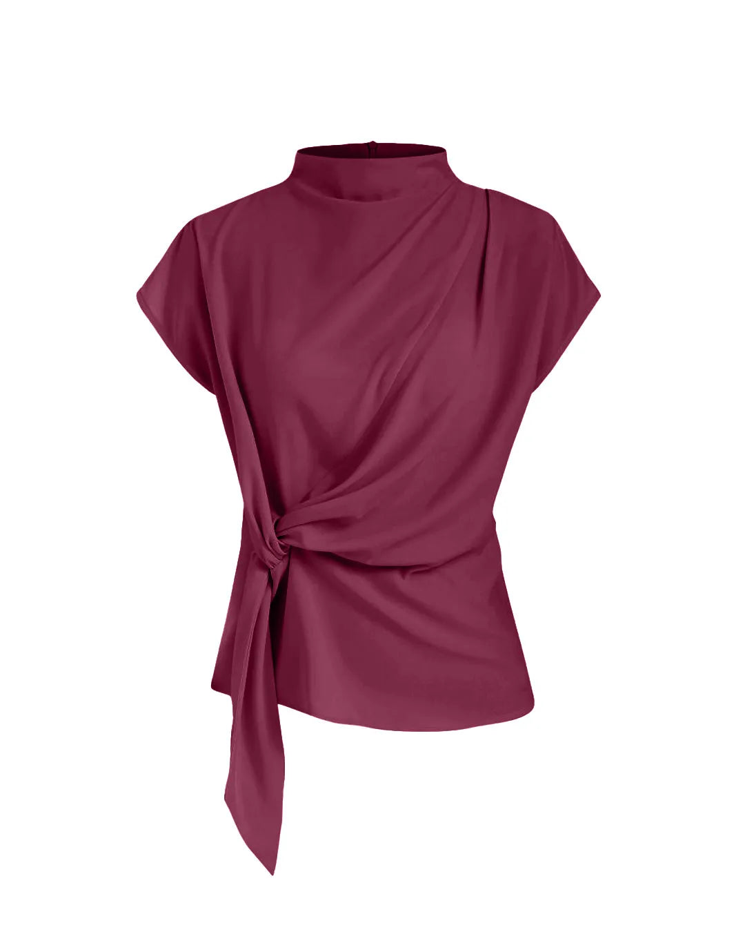 Crew Neck Tie Waist Short Sleeve Rose Red Tops