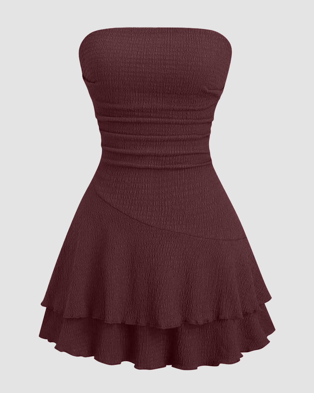 Crinkle Material Ruched Bandeau Dress in Maroon