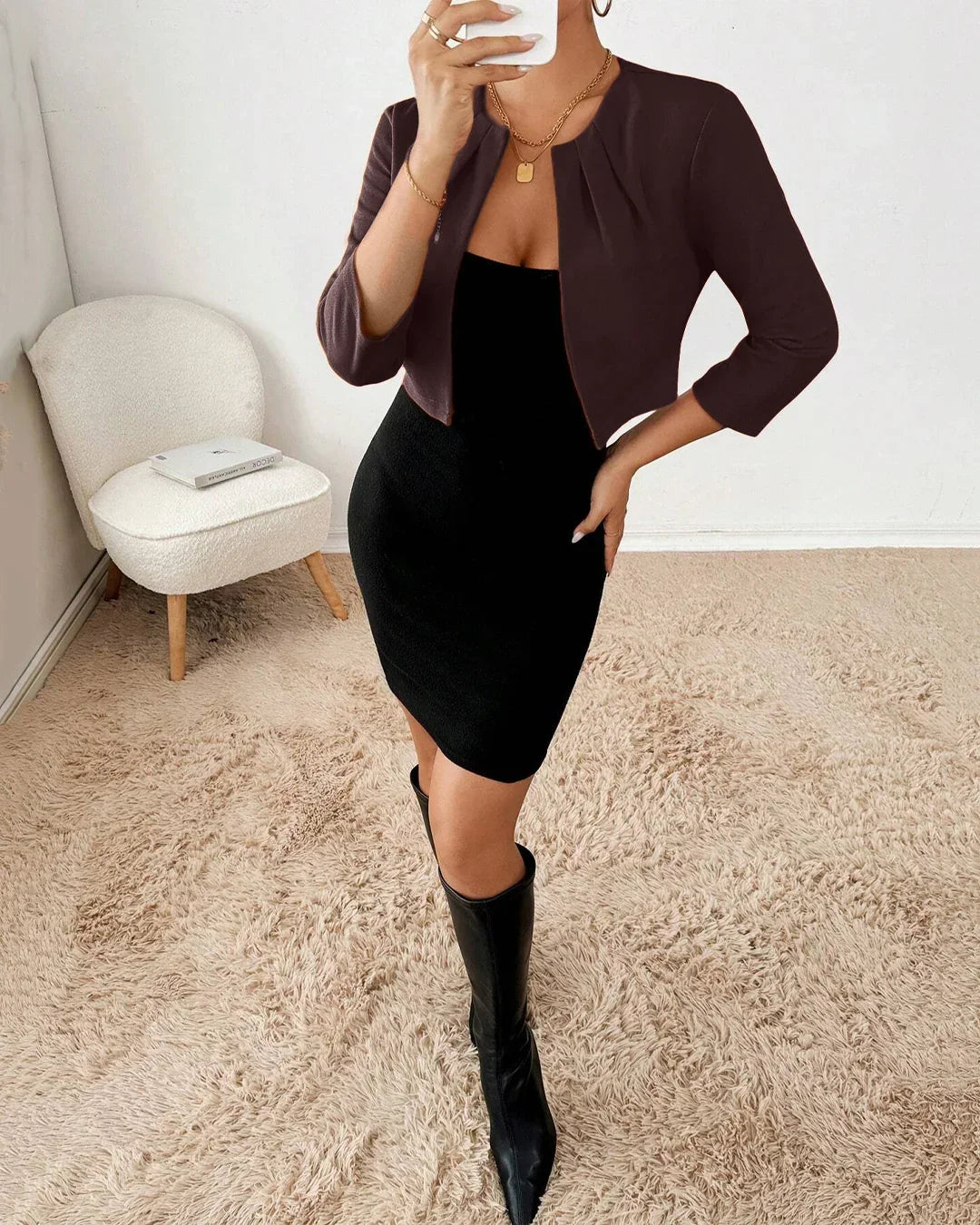 Cropped Open Front Structured Blazer Top in Chocolate