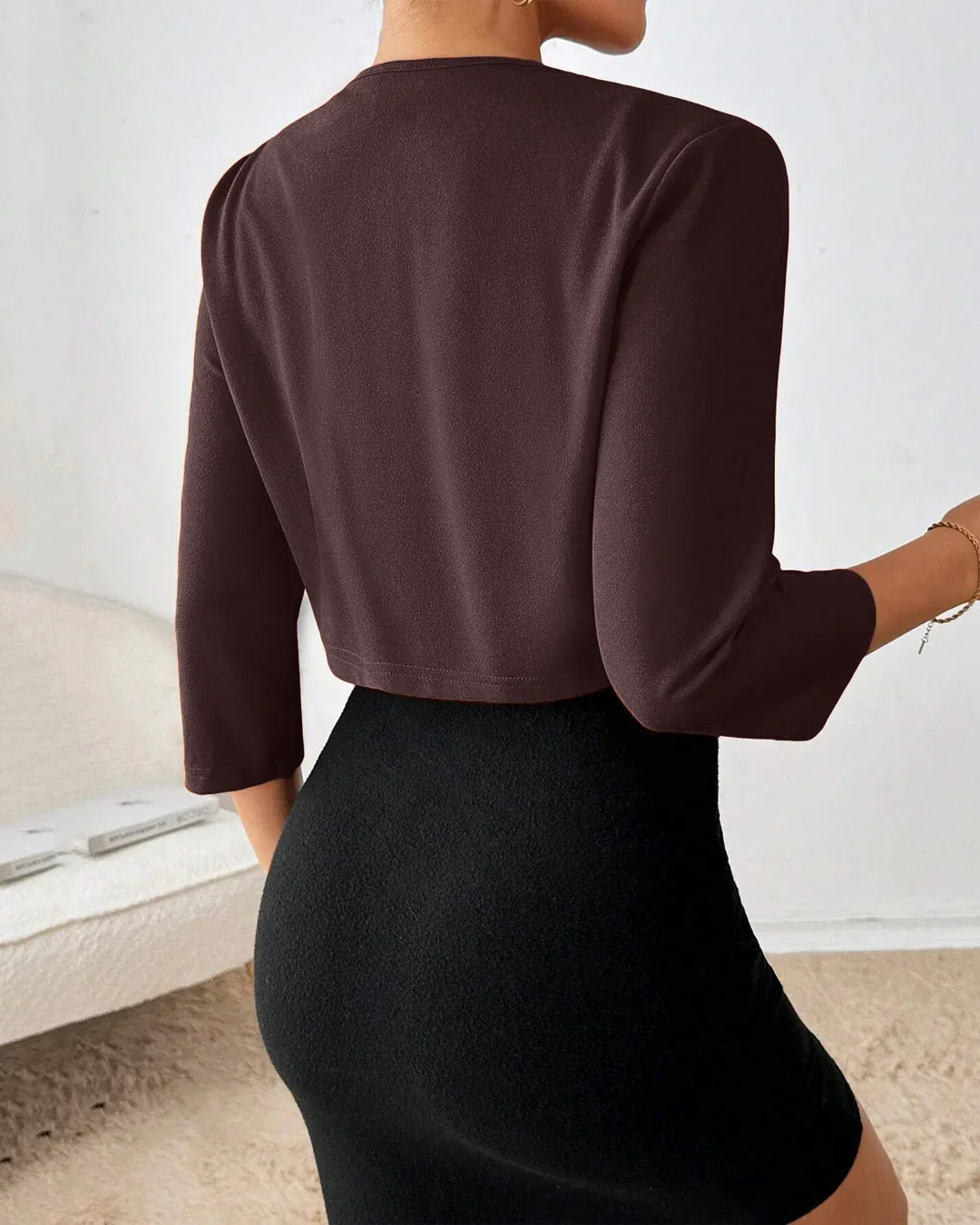 Cropped Open Front Structured Blazer Top in Chocolate
