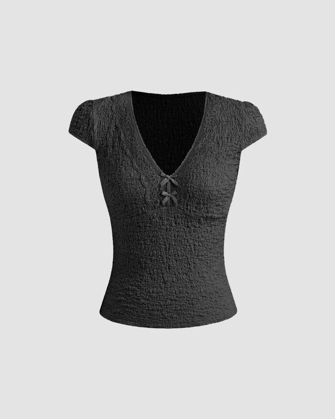 Cute V-Neck Bow Detail Tee in Black
