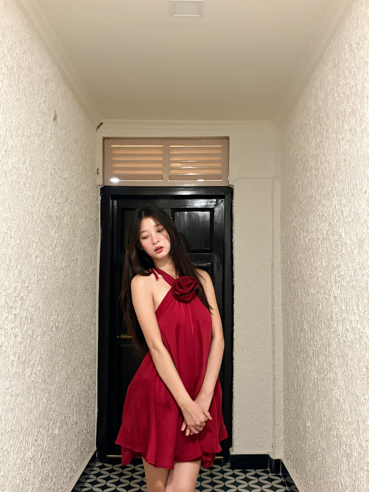 Red Halter Flower Tie Strap A-Line Backless Mini Dress