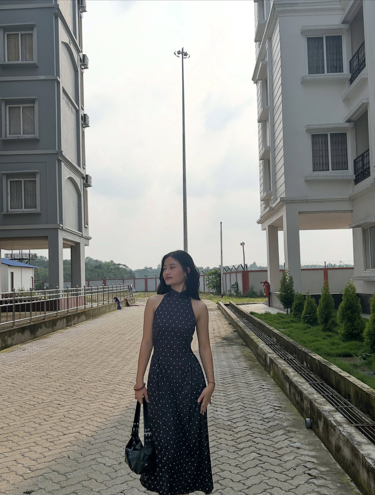 Polka Dot Halter Neckline Knotted Flared Midi Dress
