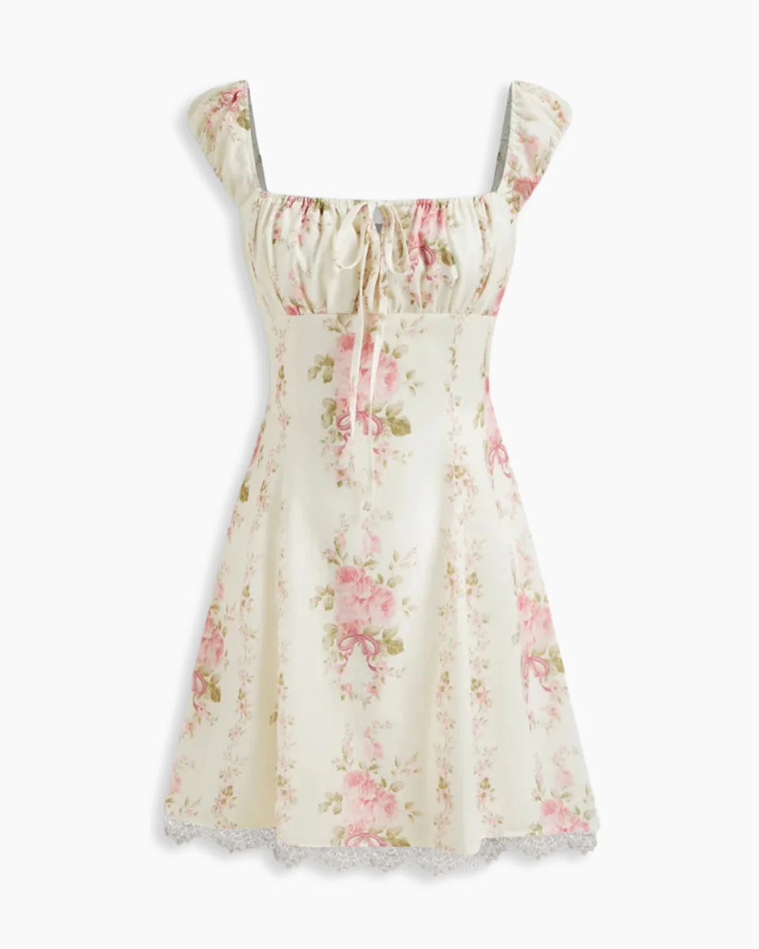 Square Neck Fit and Flare A-Line Hem Floral Print Short Puff Sleeve Mini Dress