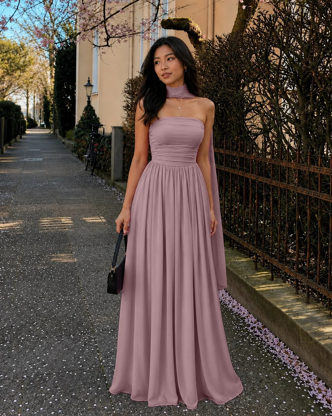 Strapless Flared Maxi Dress with Scarf in Dusty Pink