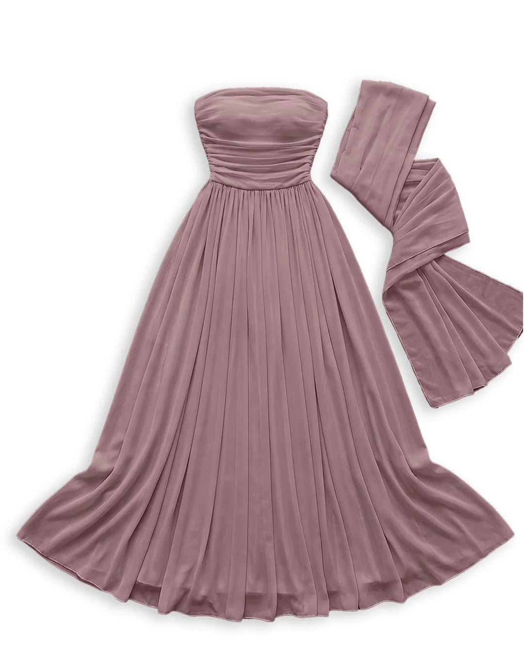 Strapless Flared Maxi Dress with Scarf in Dusty Pink