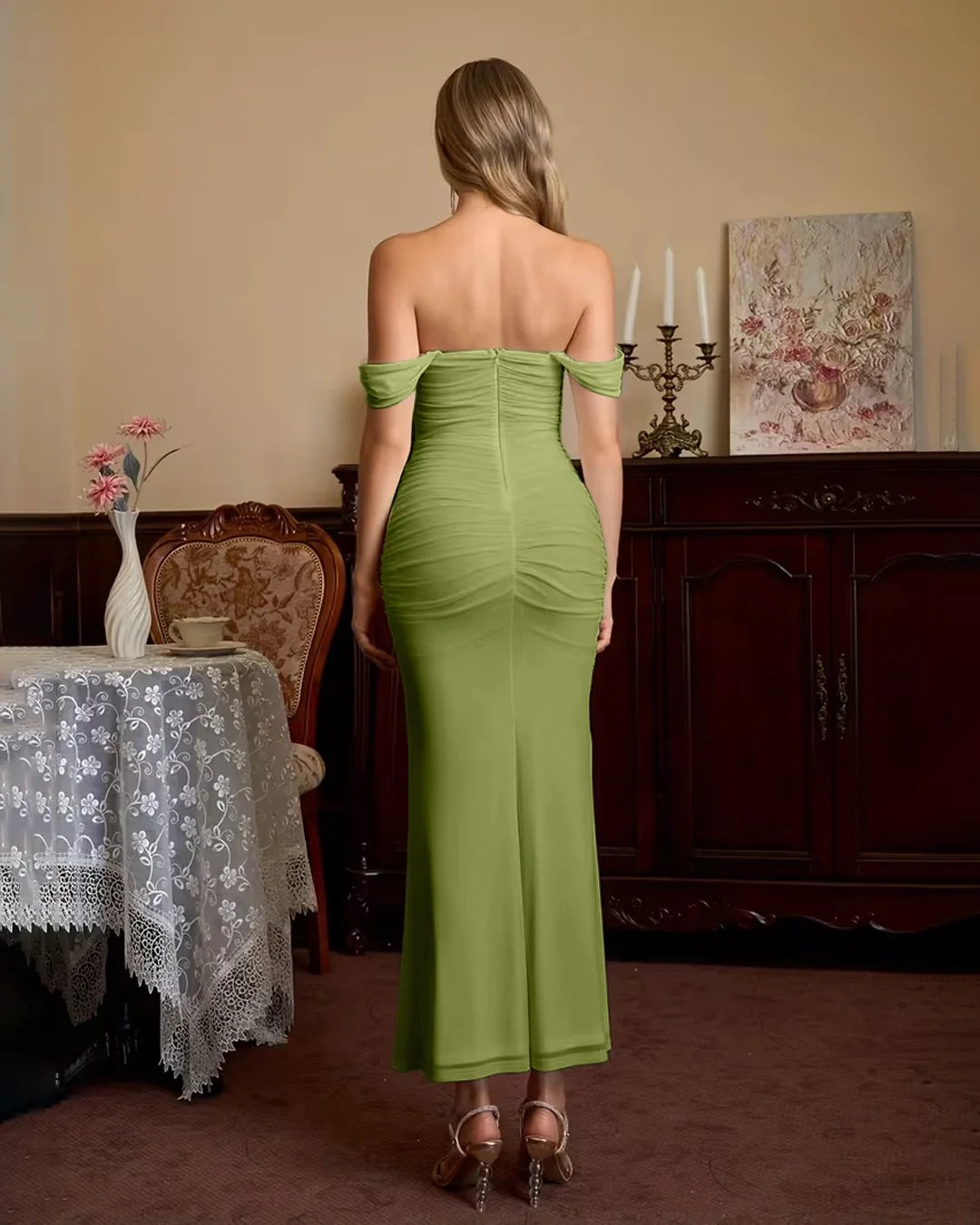 Off Shoulder Mermaid Slim Fit Straight Hem Solid Midi Dress in Green