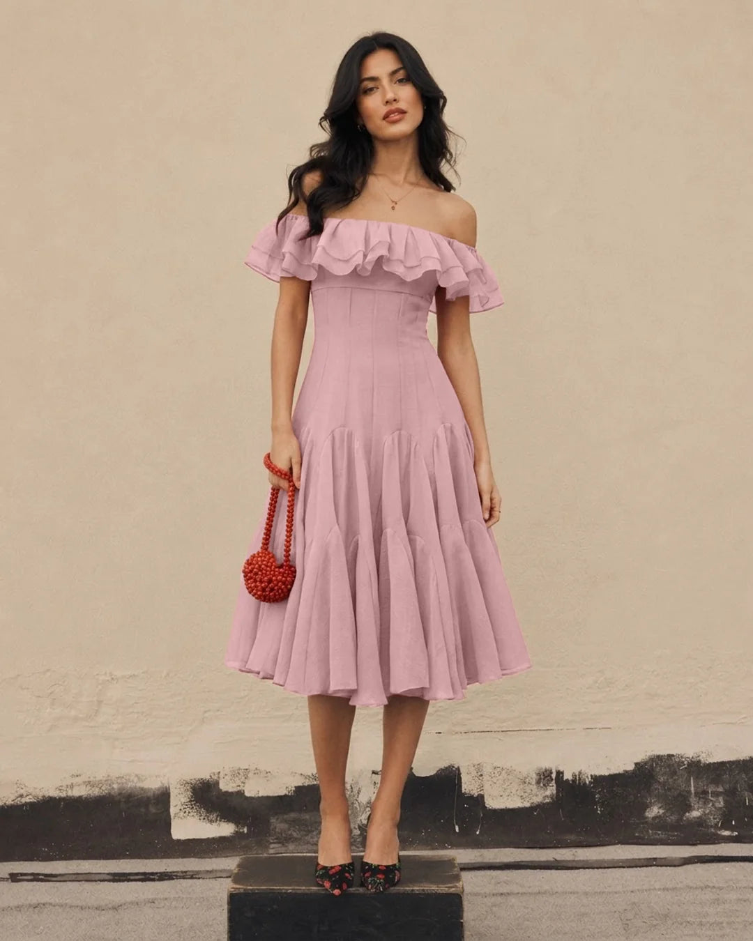 Layered Off Shoulder Fit and Flare Midi Dress in Dusty Pink