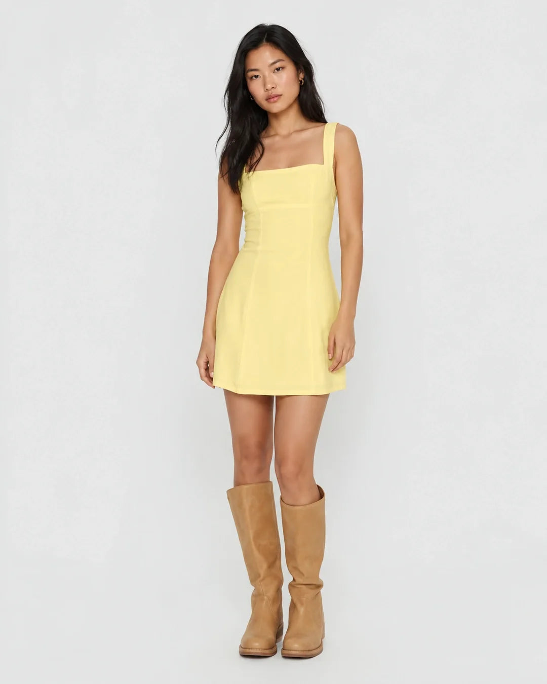 A-Line Square Neck Thick Strap Solid Dress in Pastel Yellow