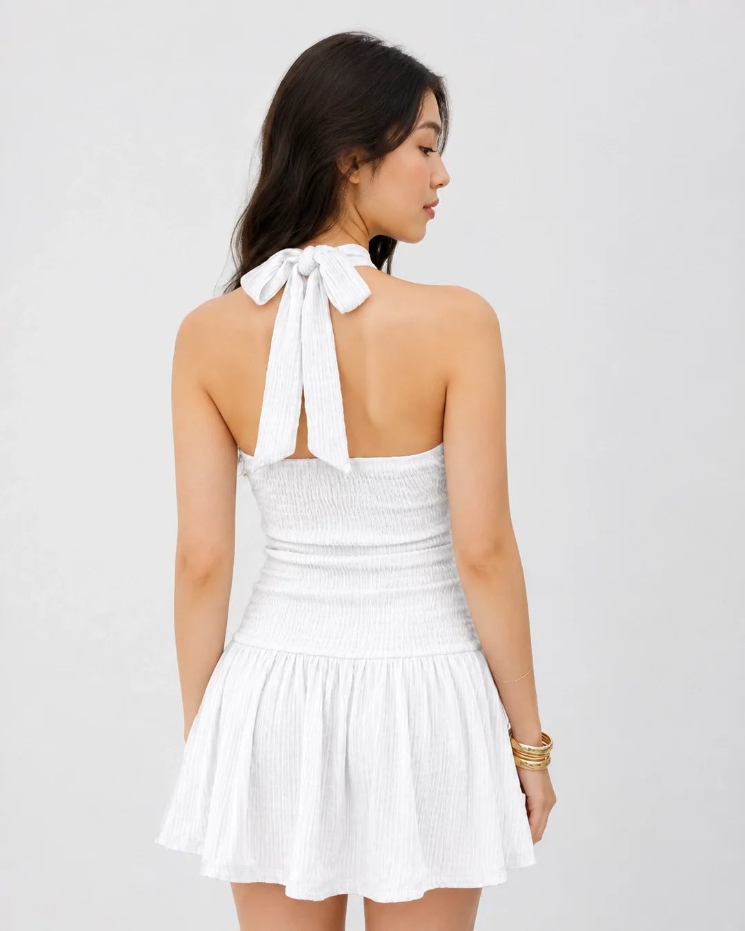Twist Waist Halter Neck Mini Dress in Classic White