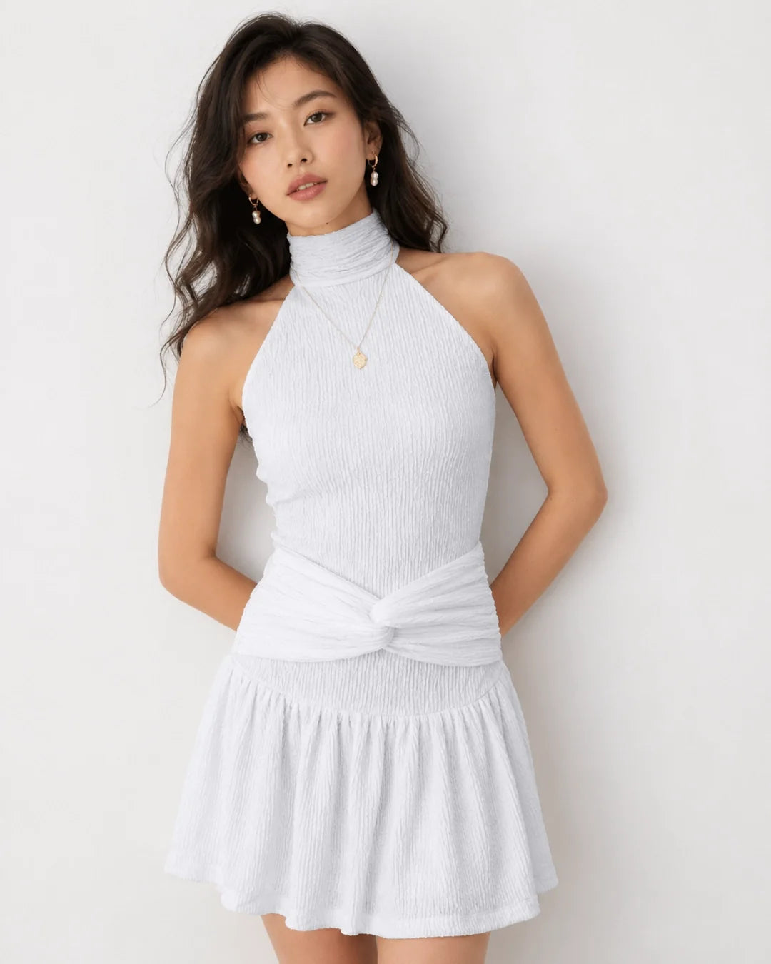 Twist Waist Halter Neck Mini Dress in Classic White