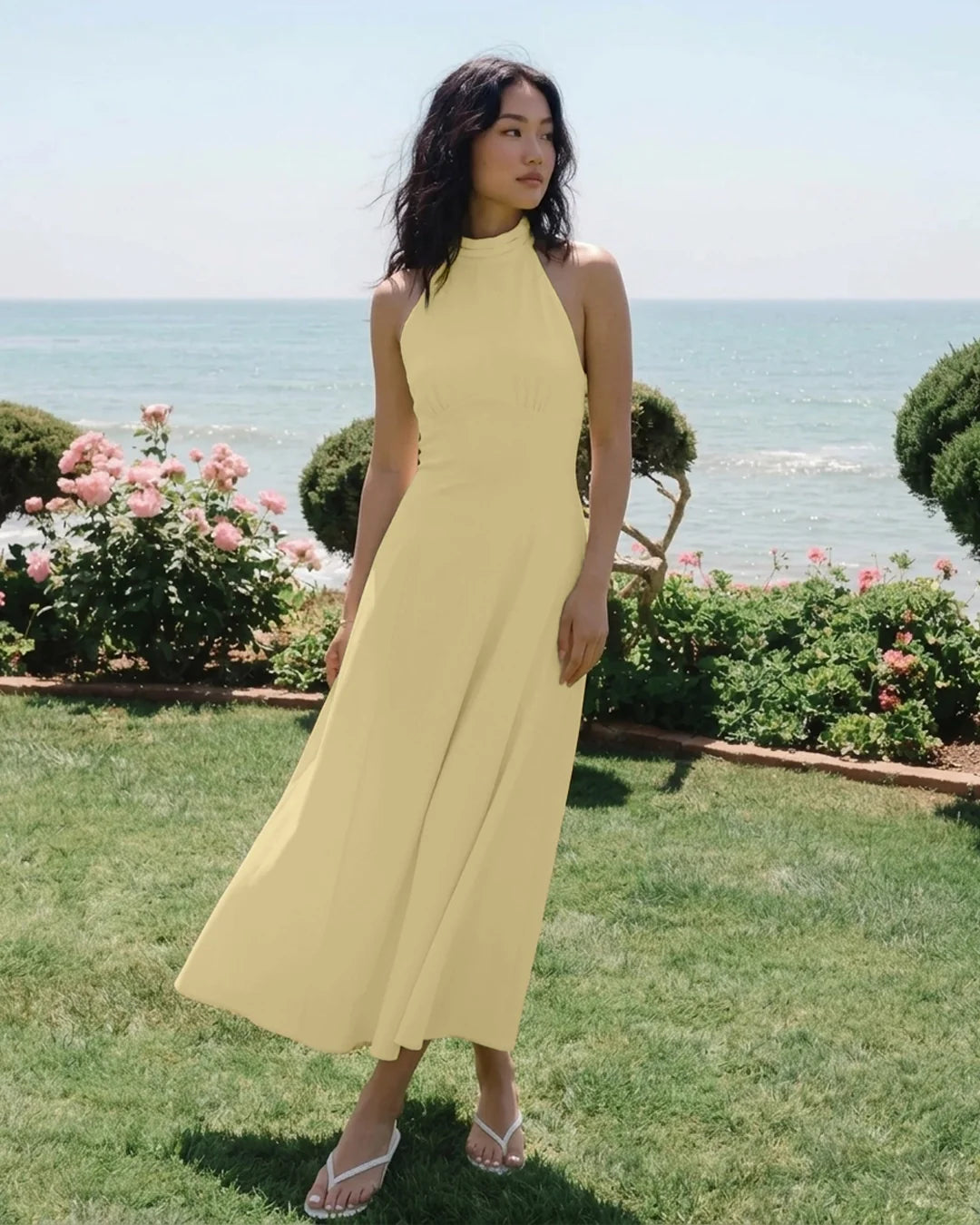 High Neck Sleeveless Fit and Flare Midi Dress in Vanilla