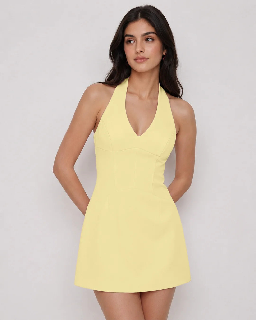 Halter Neck Fitted Mini Dress in Vanilla