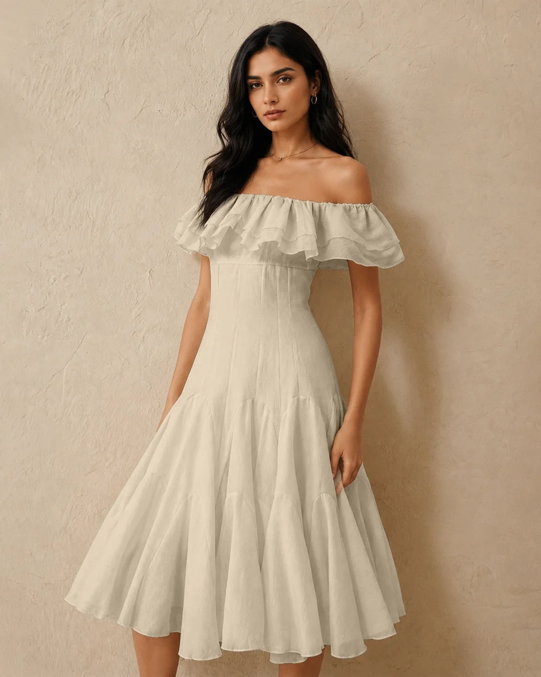 Layered Off Shoulder Fit and Flare Midi Dress in Pearl White