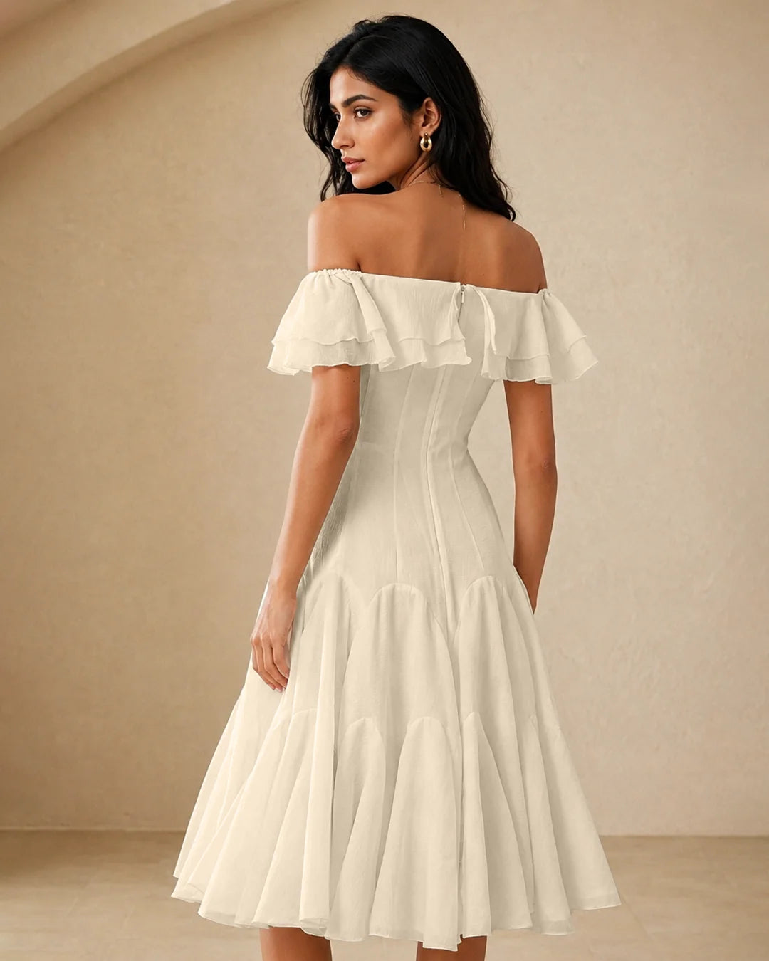 Layered Off Shoulder Fit and Flare Midi Dress in Pearl White