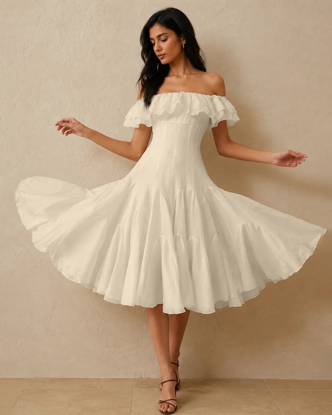 Layered Off Shoulder Fit and Flare Midi Dress in Pearl White