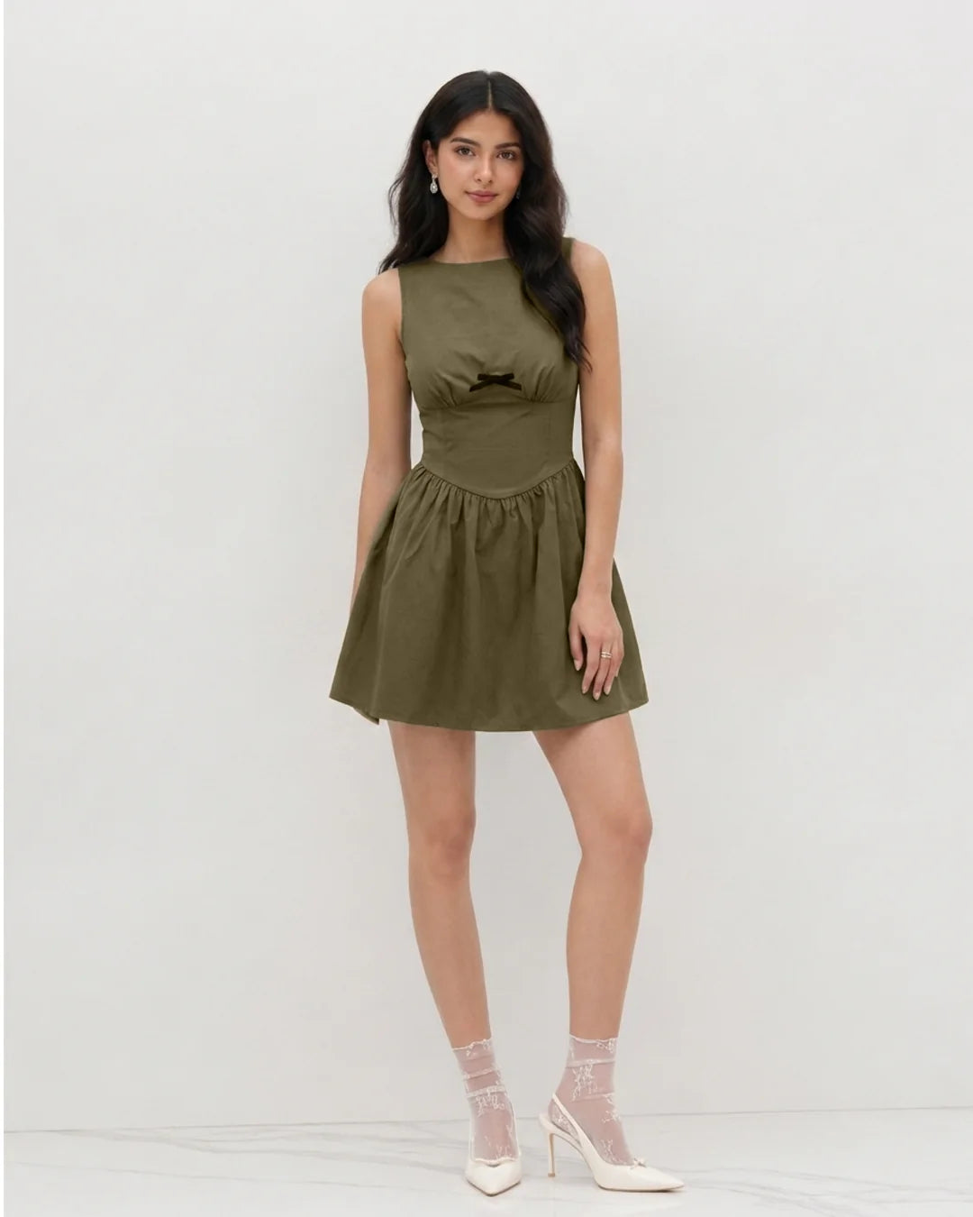 Bow Detail Fit and Flare Mini Dress in Mocha Brown