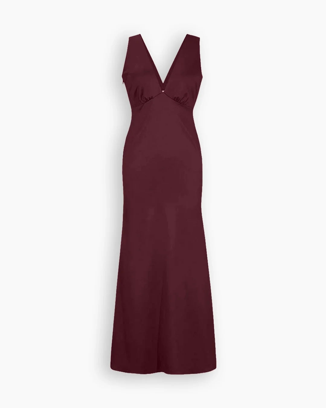 Plunge Neck Satin Maxi Dress in Wine Maroon