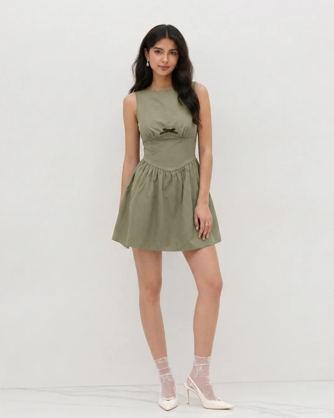 Bow Detail Fit and Flare Mini Dress in Olive Green