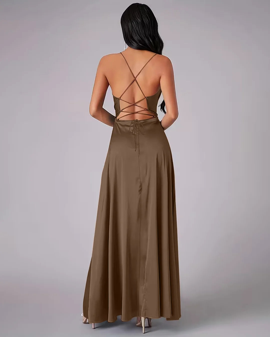 Cowl Neck High Slit Maxi Dress in Cocoa Brown