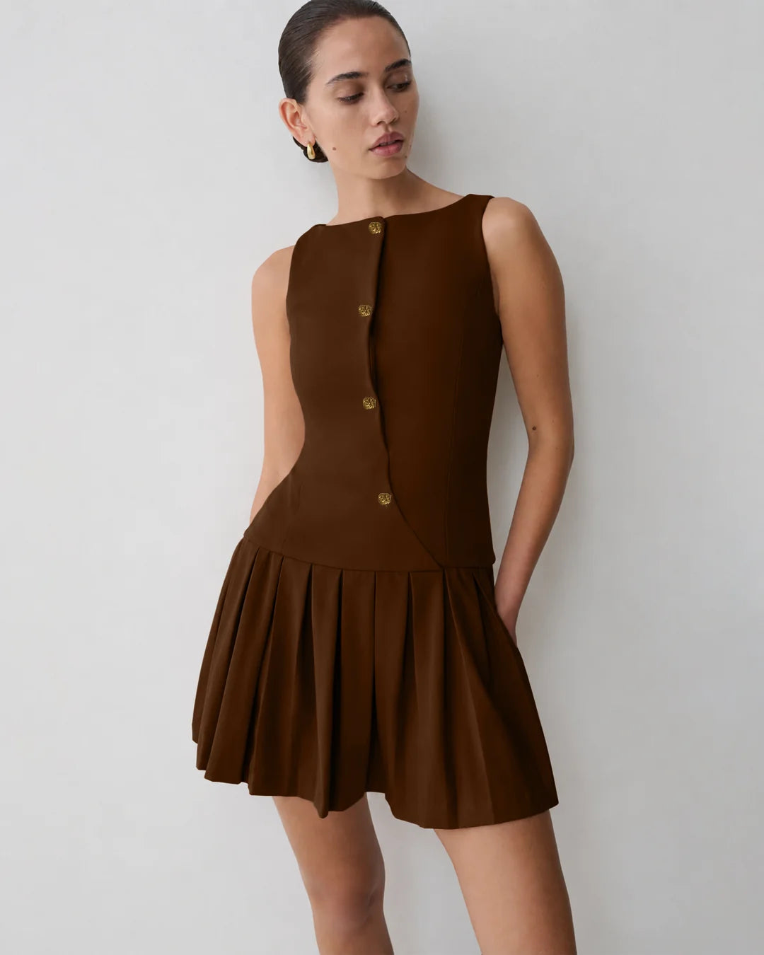 Button Detail Sleeveless Mini Dress in Chocolate Brown