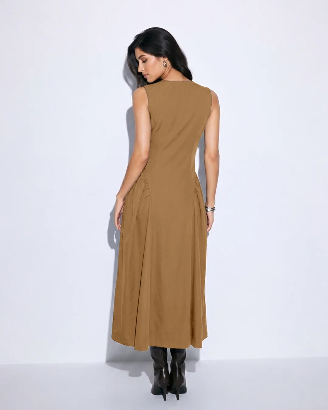 Button Front Sleeveless Fit and Flare Midi Dress in Rust Brown