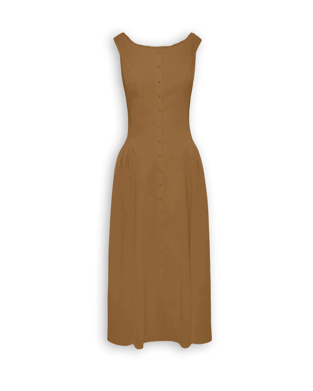 Button Front Sleeveless Fit and Flare Midi Dress in Rust Brown