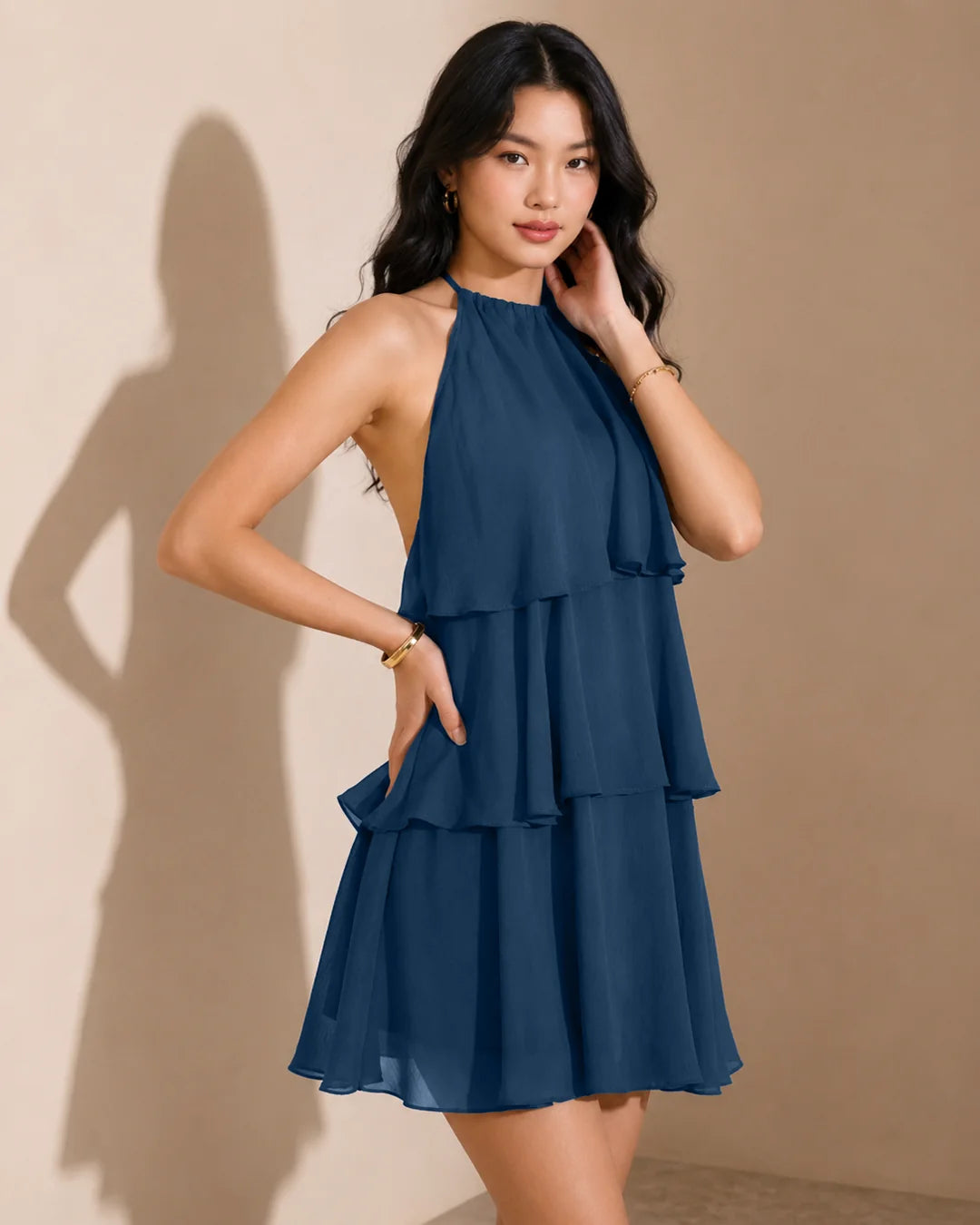 Layered Halter Neck Mini Dress in Pageant blue