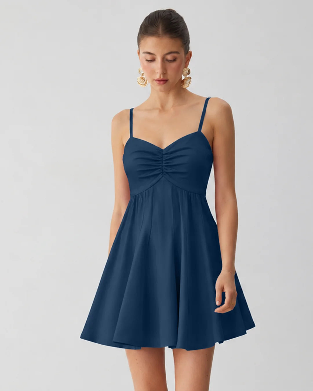 Ruched Bust Spaghetti Strap Mini Dress in Denim Blue