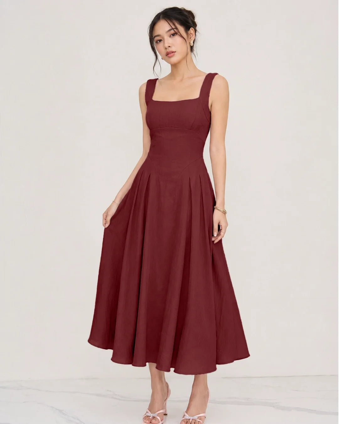 Square Neck Ruched Waist A-Line Midi Dress in Burgundy