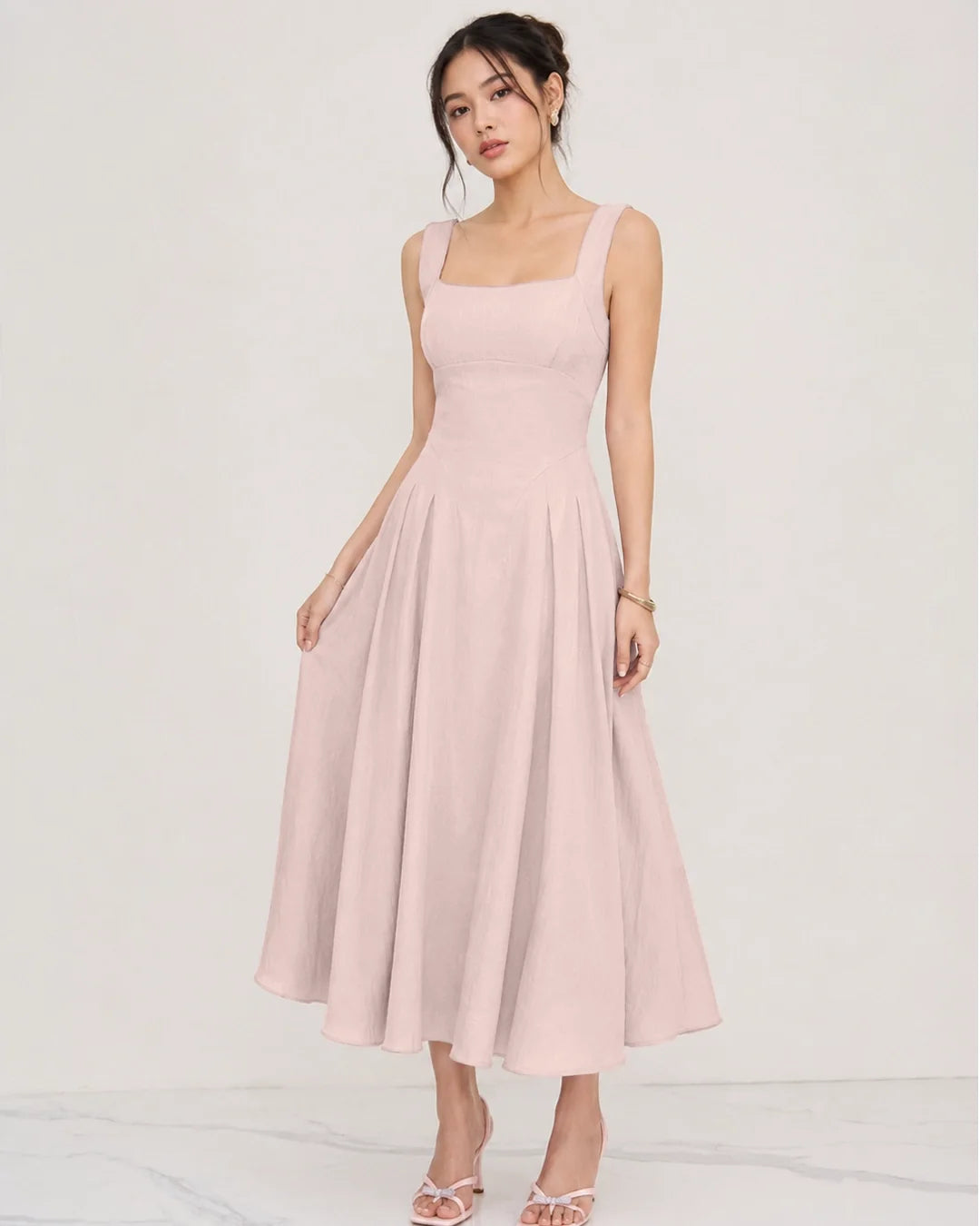 Square Neck Ruched Waist A-Line Midi Dress in Baby Pink